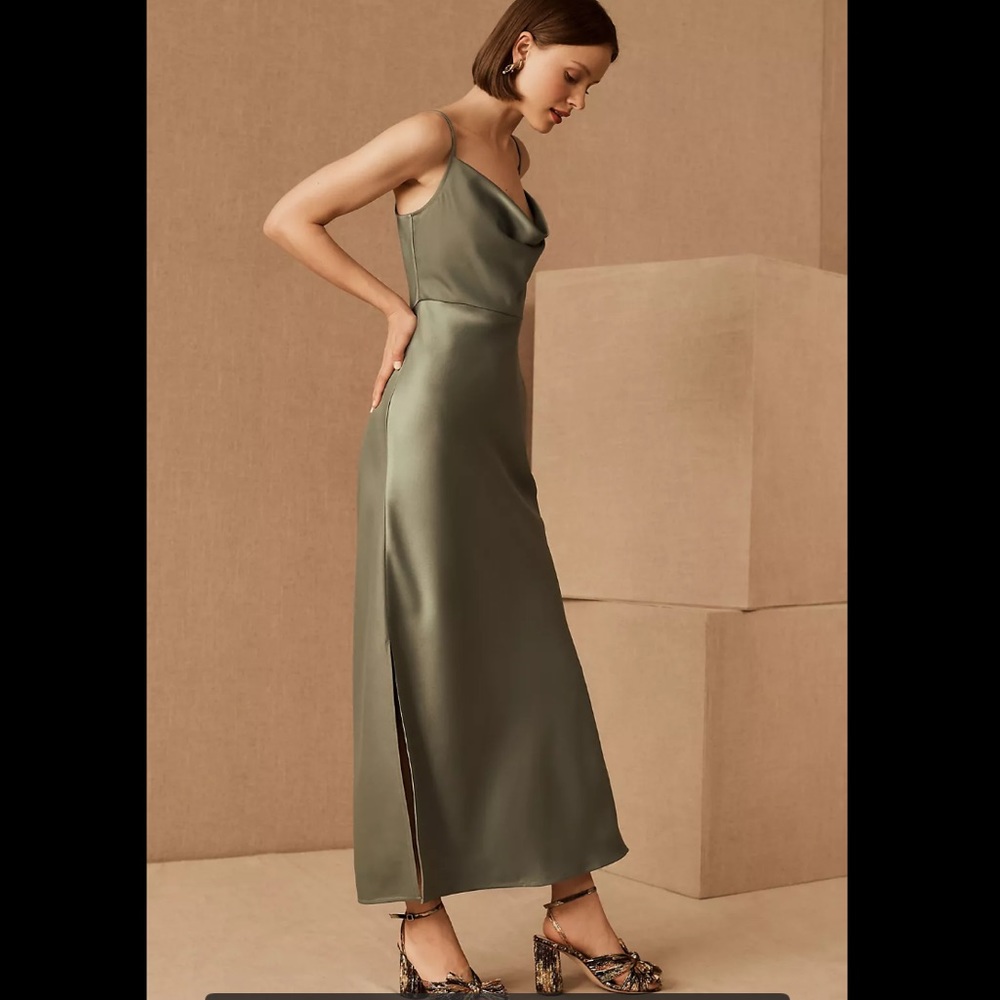 BHLDN Cali Satin Charmeuse Midi Dress - Moss